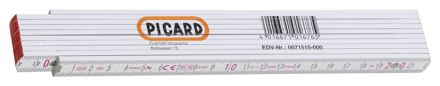 Holzgliedermaßstab "PICARD" aus Buchenholz, schwarze Teilung, rote Dezimalzahlen, innenliegende, wartungsfreie Polyamid-Gelenke, 2 m