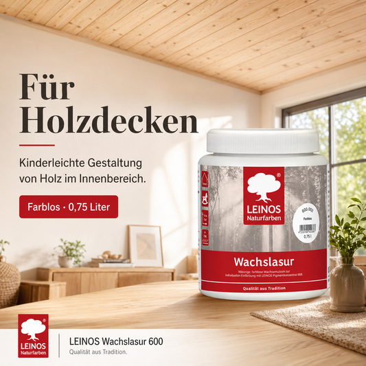 Leinos 600 Wachslasur für Innen 002 Farblos 0,75 l – wässrige Holzlasur für Möbel, Holzdecken, Wandverkleidungen und Kinderspielzeug im Innenbereich, farblos, pigmentierbar, leicht aufzutragen