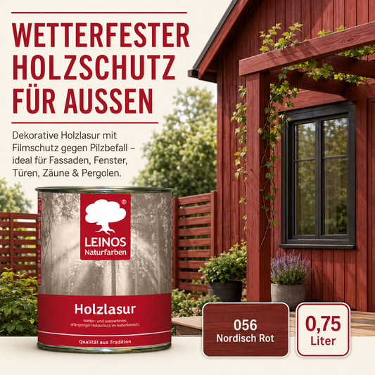 Wetterfeste Holzlasur für Außen 056 Nordisch Rot 0,75 Liter - offenporiger Holzschutz mit Filmschutz gegen Pilzbefall - für Fenster, Türen, Zäune & Pergolen - wasserabweisend, lasierend