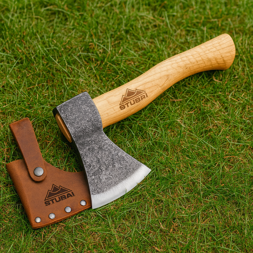 STUBAI Campingbeil Serles 800 g – Handgeschmiedet aus Kohlenstoffstahl, 240 mm, inkl. Lederscheide, geölter Hickorystiel – Outdoor, Bushcraft, Survival