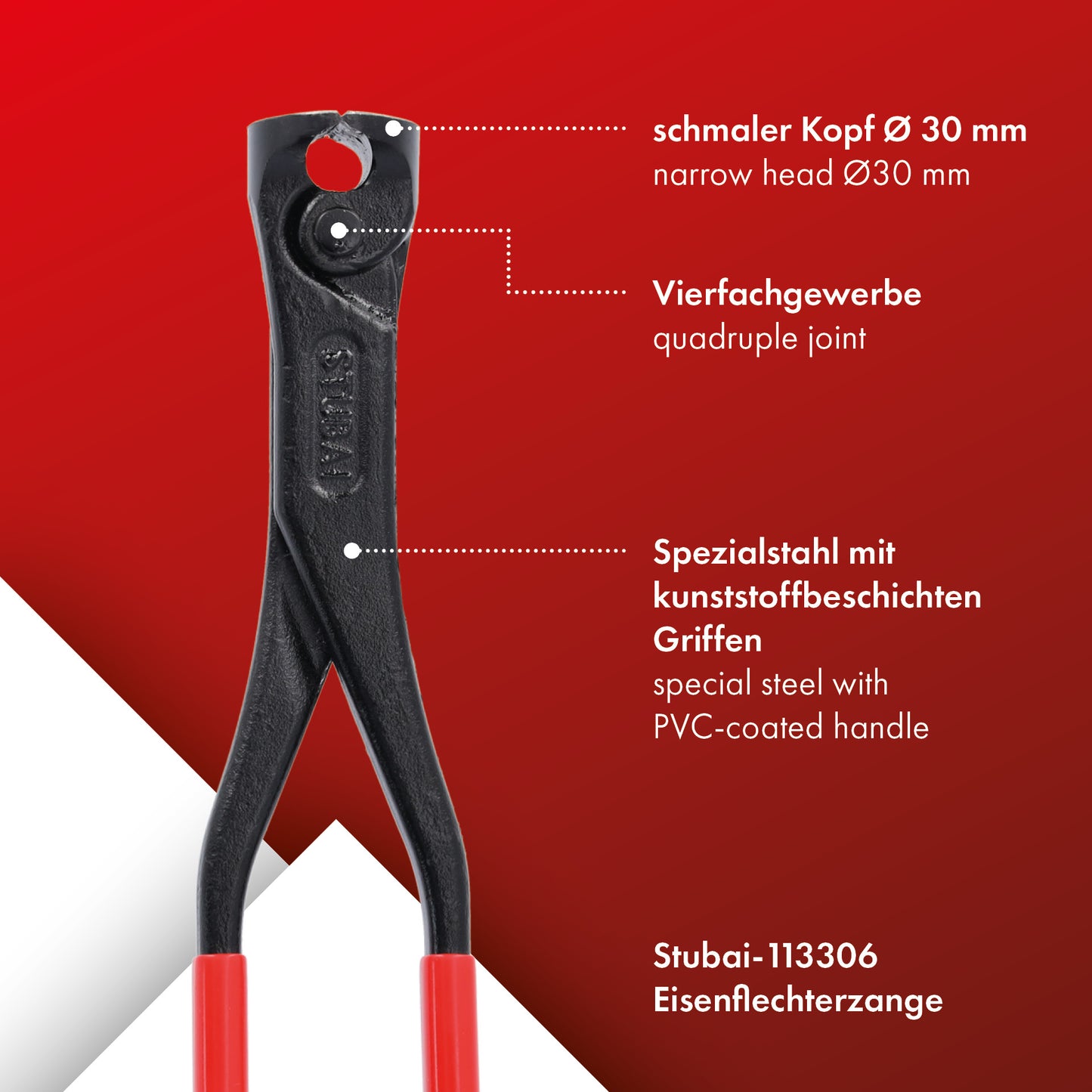 Eisenflechterzange Easycut mit breitem Kopf | Ø 30 mm | STUBAI Vierfachgewerbe Kneifzange, Monierzange, Rabitzzange für die Metallbearbeitung, zum Flechten von Drähten an Baustahlgeweben