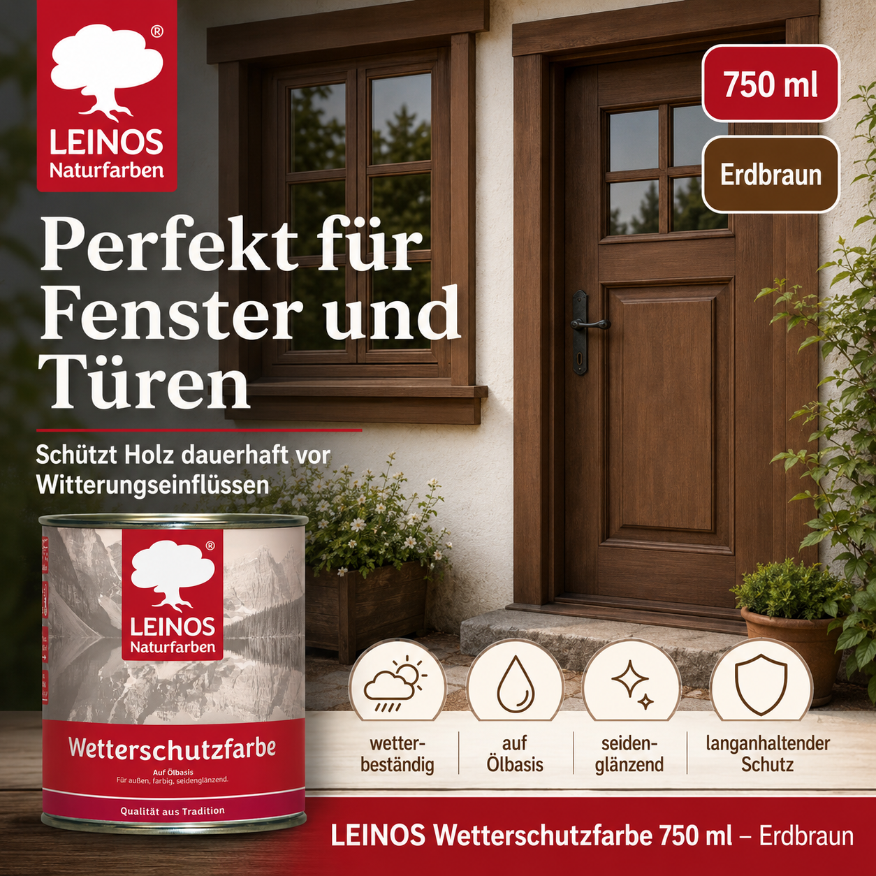 LEINOS Wetterschutzfarbe 750 ml | Erdbraun Holzlasur für Holzfassaden Fenster Gartenhäuser| wetterbeständige Deckfarbe für effektive Versiegelung und langanhaltenden Schutz auf Ölbasis im Außenbereich
