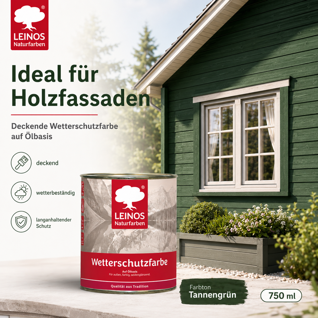 LEINOS Wetterschutzfarbe 750 ml | Tannengrün Holzlasur für Holzfassaden Fenster Gartenhäuser| wetterbeständige Deckfarbe für effektive Versiegelung und langanhaltenden Schutz auf Ölbasis im Außenbereich