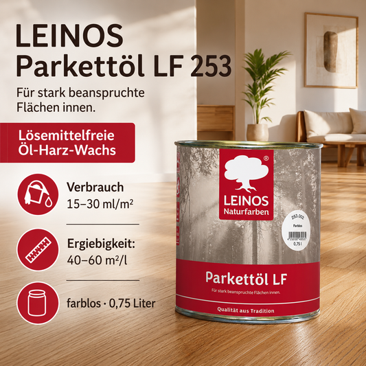 LEINOS Parkettöl LF 253 farblos 0,75 L – Lösemittelfreies Naturöl für Holzfußböden, offenporig & atmungsaktiv, schützt Parkett, Dielen & Massivholz im Innenbereich, betont die natürliche Maserung