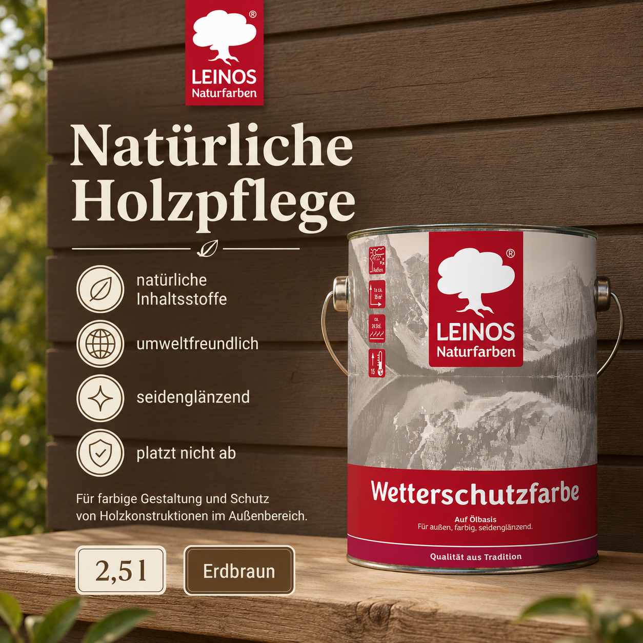 LEINOS Wetterschutzfarbe 2,5 l | Erdbraun Holzlasur für Holzfassaden Fenster Gartenhäuser| wetterbeständige Deckfarbe für effektive Versiegelung und langanhaltenden Schutz auf Ölbasis im Außenbereich