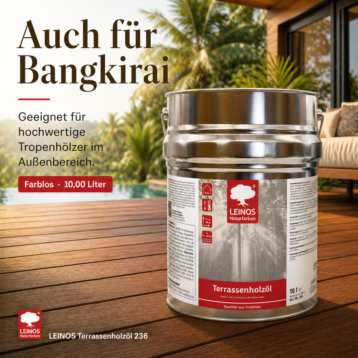 LEINOS Terrassenholzöl 236 | 10,00 Liter | Hochwertiges Holzöl für außen | Für Terrassen, Zäune, Kinderspielgeräte | Farbton: farblos | Tiefer Holzschutz & leichte Anwendung