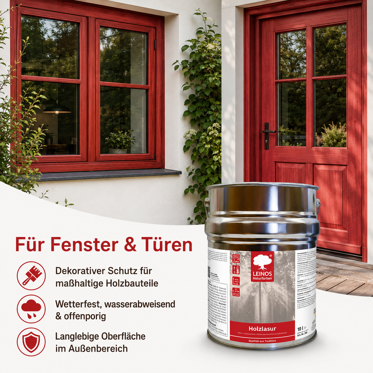 Wetterfeste Holzlasur für Außen 056 Nordisch Rot 10,00 Liter - offenporiger Holzschutz mit Filmschutz gegen Pilzbefall - für Fenster, Türen, Zäune & Pergolen - wasserabweisend, lasierend