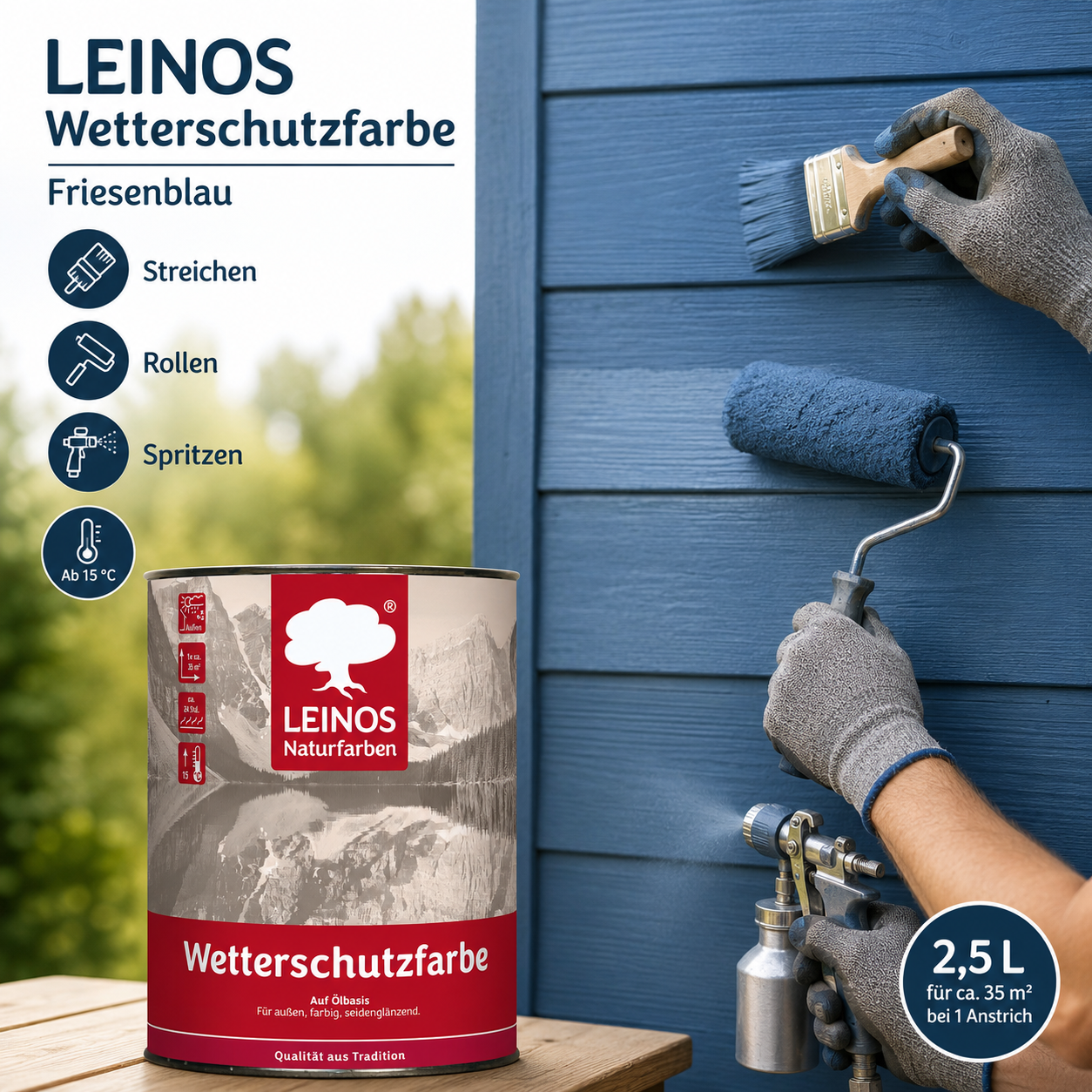LEINOS Wetterschutzfarbe 2,5 l | Friesenblau Holzlasur für Holzfassaden Fenster Gartenhäuser| wetterbeständige Deckfarbe für effektive Versiegelung und langanhaltenden Schutz auf Ölbasis im Außenbereich