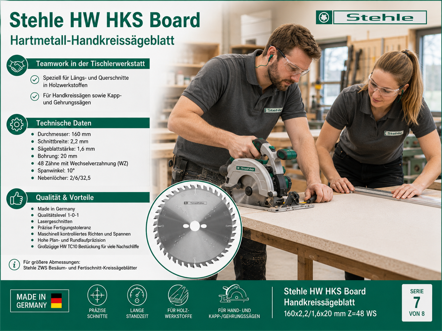 Stehle HW HKS Board Handkreissägeblatt 160x2,2x20mm Z=48 WS | Wechselverzahnung ist speziell für Längs- und Querschnitte | Großzügige HW TC10 Bestückung für viele Nachschliffe