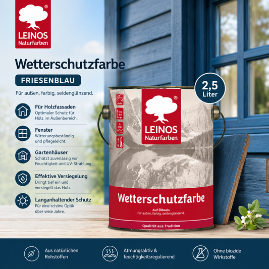 LEINOS Wetterschutzfarbe 2,5 l | Friesenblau Holzlasur für Holzfassaden Fenster Gartenhäuser| wetterbeständige Deckfarbe für effektive Versiegelung und langanhaltenden Schutz auf Ölbasis im Außenbereich