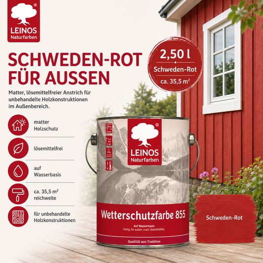 LEINOS Wetterschutzfarbe auf Wasserbasis 855 –2,5 l Schweden-Rot- Lösemittelfreier, matter Anstrich für unbehandelte Holzkonstruktionen im Außenbereich, ideal für sägeraues Holz