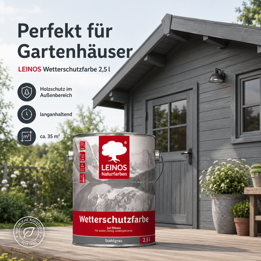 LEINOS Wetterschutzfarbe 2,5 l | Stahlgrau Holzlasur für Holzfassaden Fenster Gartenhäuser| wetterbeständige Deckfarbe für effektive Versiegelung und langanhaltenden Schutz auf Ölbasis im Außenbereich