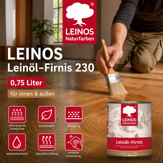 LEINOS Leinöl-Firnis 230 – 0,75 L für innen und außen – offenporige Grundierung für stark saugende Untergründe wie Hirnholzparkett, Kork, Terracotta – lösungsmittelfrei – ohne Filmschutz außen