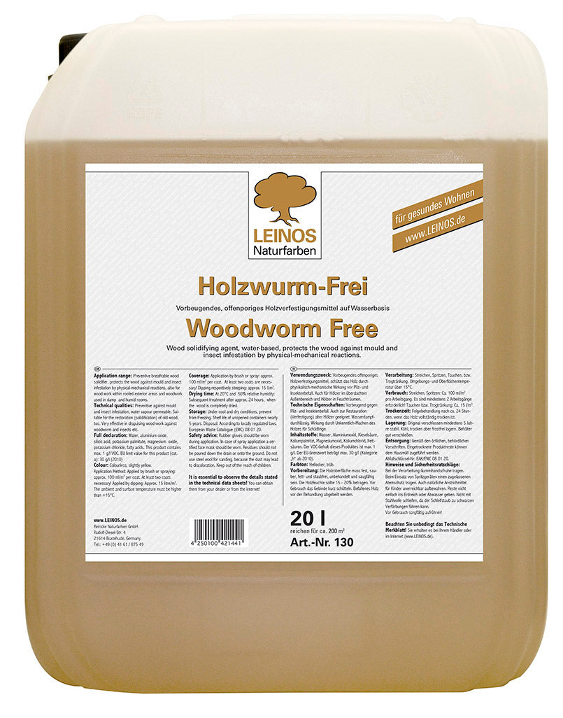 LEINOS Holzwurmfrei 130 | 20 Liter Holzschutz gegen Insekten- & Pilzbefall | Für Innen, überdachten Außenbereich & Feuchträume | Holzverfestiger mit physikalisch-mechanischer Wirkung