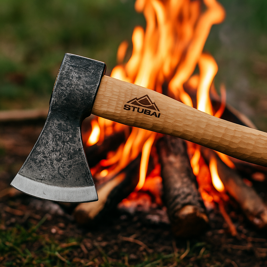 STUBAI Campingbeil „Habicht“ 1.100 g – Handgeschmiedet aus Kohlenstoffstahl, 340 mm, geölter Hickorystiel, Lederscheide – Outdoor, Bushcraft, Survival