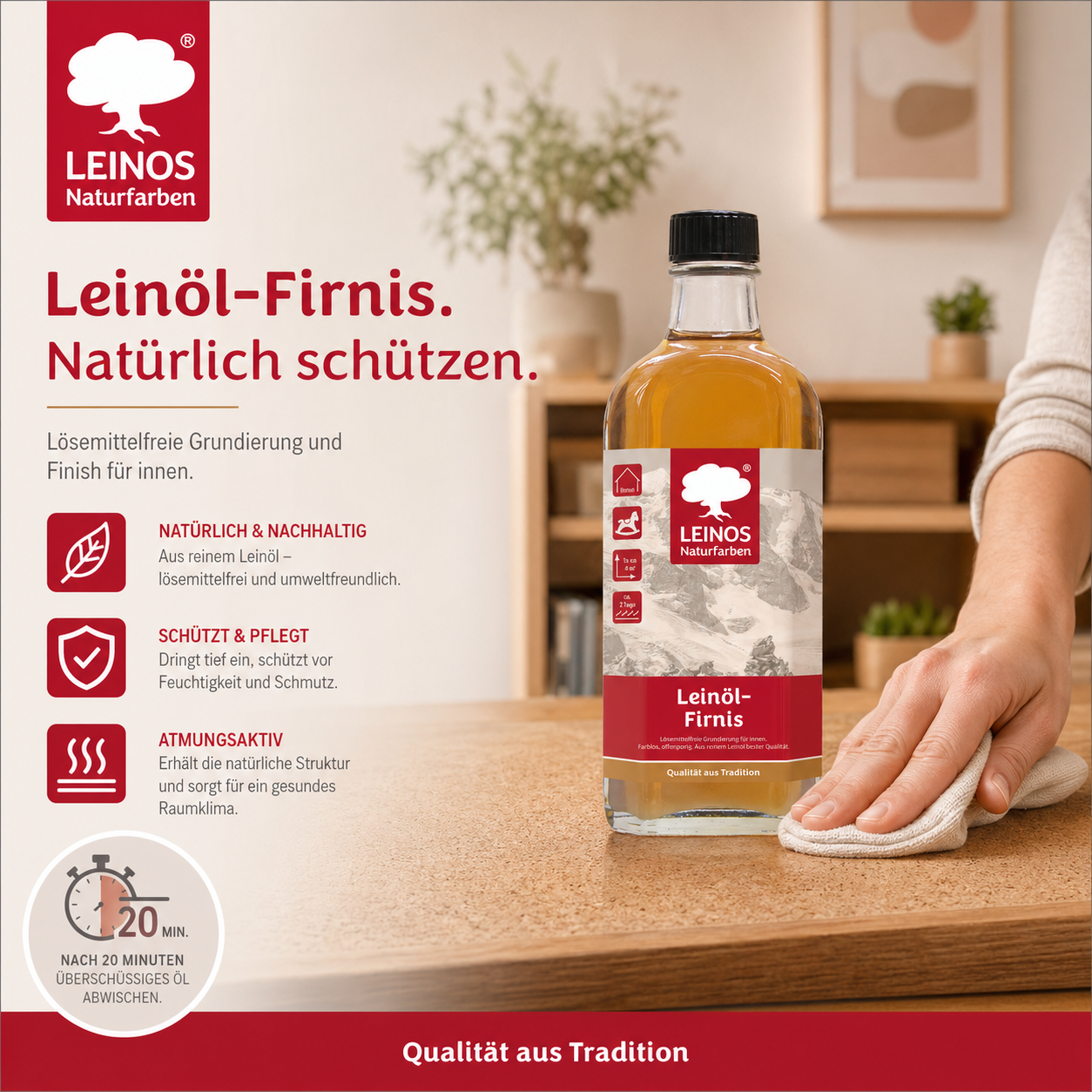 LEINOS Leinöl-Firnis 230 – 0,25 L für innen und außen – offenporige Grundierung für stark saugende Untergründe wie Hirnholzparkett, Kork, Terracotta – lösemittelfrei – ohne Filmschutz außen