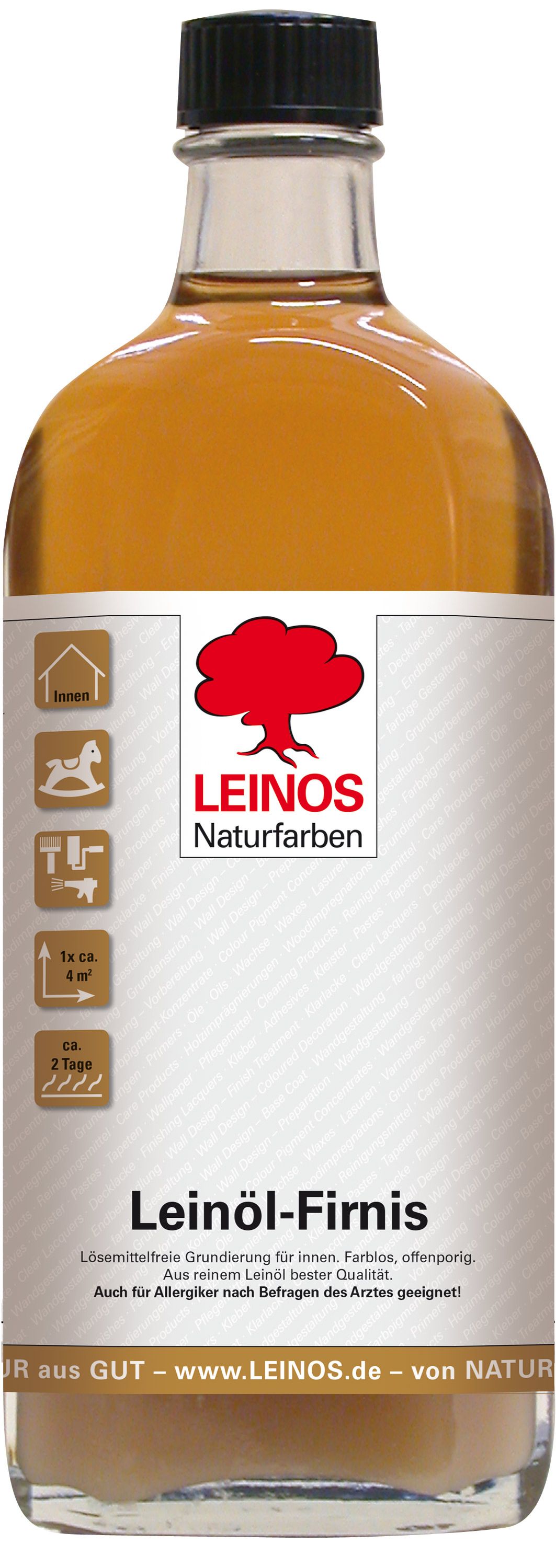 LEINOS Leinöl-Firnis 230 – 0,25 L für innen und außen – offenporige Grundierung für stark saugende Untergründe wie Hirnholzparkett, Kork, Terracotta – lösemittelfrei – ohne Filmschutz außen