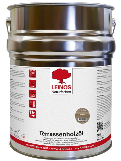 LEINOS Terrassenholzöl 236 | 10,00 Liter | Hochwertiges Holzöl für außen | Für Terrassen, Zäune, Kinderspielgeräte | Farbton: farblos | Tiefer Holzschutz & leichte Anwendung