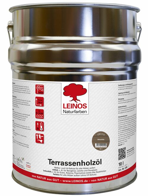 Leinos Terrassenholzöl 10,0 Liter – bräunlich Premium Holzschutzöl für außen, ideal für Lärche, Eiche, Akazie & Teak – Teaköl & Lärchenöl für Terrassen, Zäune, Gartenmöbel, Kinderspielgeräte & mehr