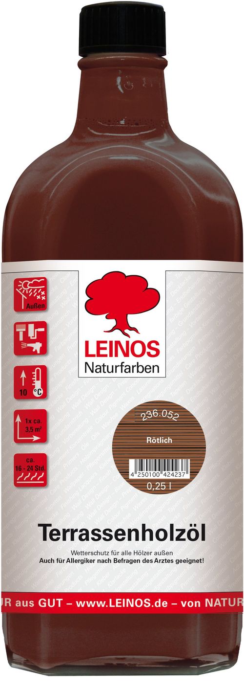 Leinos Terrassenholzöl 0,25l – rötlich Premium Holzschutzöl für außen, ideal für Lärche, Eiche, Akazie & Teak – Teaköl & Lärchenöl für Terrassen, Zäune, Gartenmöbel, Kinderspielgeräte & mehr
