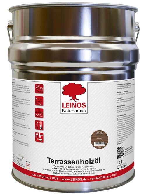 Leinos Terrassenholzöl 10,00 l – rötliches Premium Holzschutzöl für außen, ideal für Lärche, Eiche, Akazie & Teak – Teaköl & Lärchenöl für Terrassen, Zäune, Gartenmöbel, Kinderspielgeräte & mehr