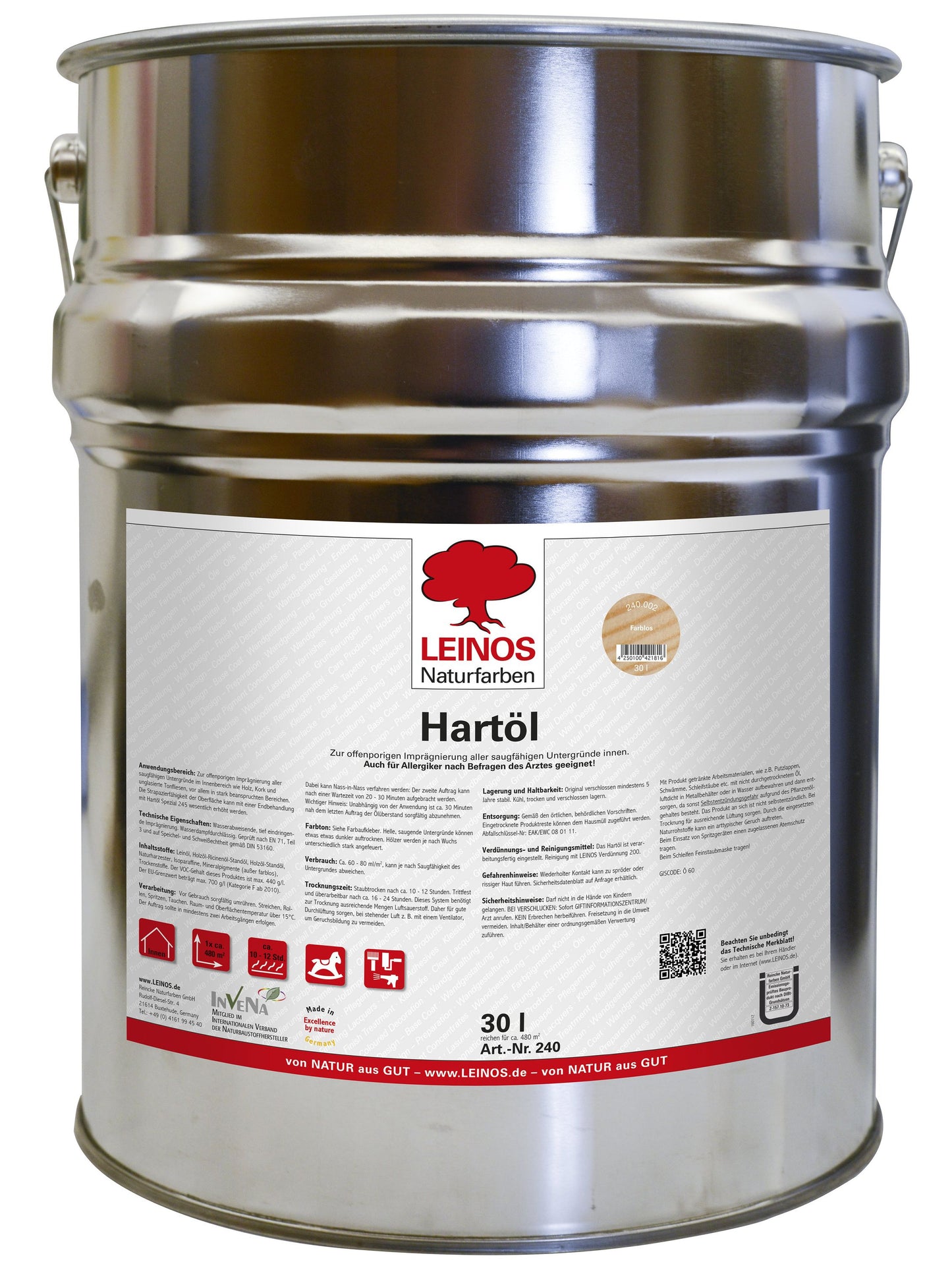 LEINOS Holzöl 30 l | Hartöl Farblos für Tische Möbel Arbeitsplatten | Teak Eiche Möbelöl für effektive Versiegelung und langanhaltenden Schutz im Innenbereich