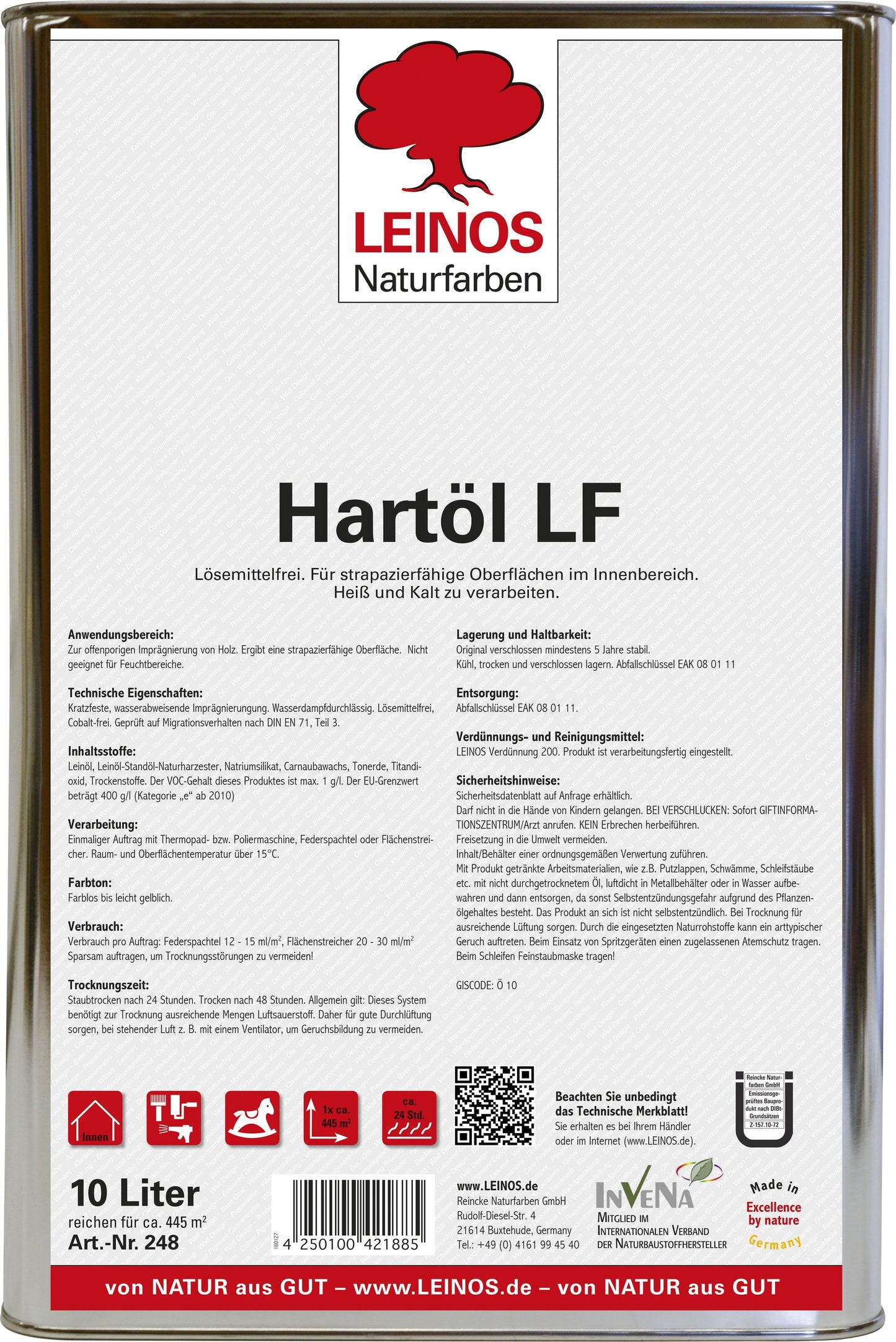 LEINOS Hartöl LF 248 | 10 Liter | Lösemittelfrei | Für Fußböden & Möbel | Offenporige, kratzfeste Imprägnierung | Naturöl mit Carnaubawachs | Für Innenbereich |