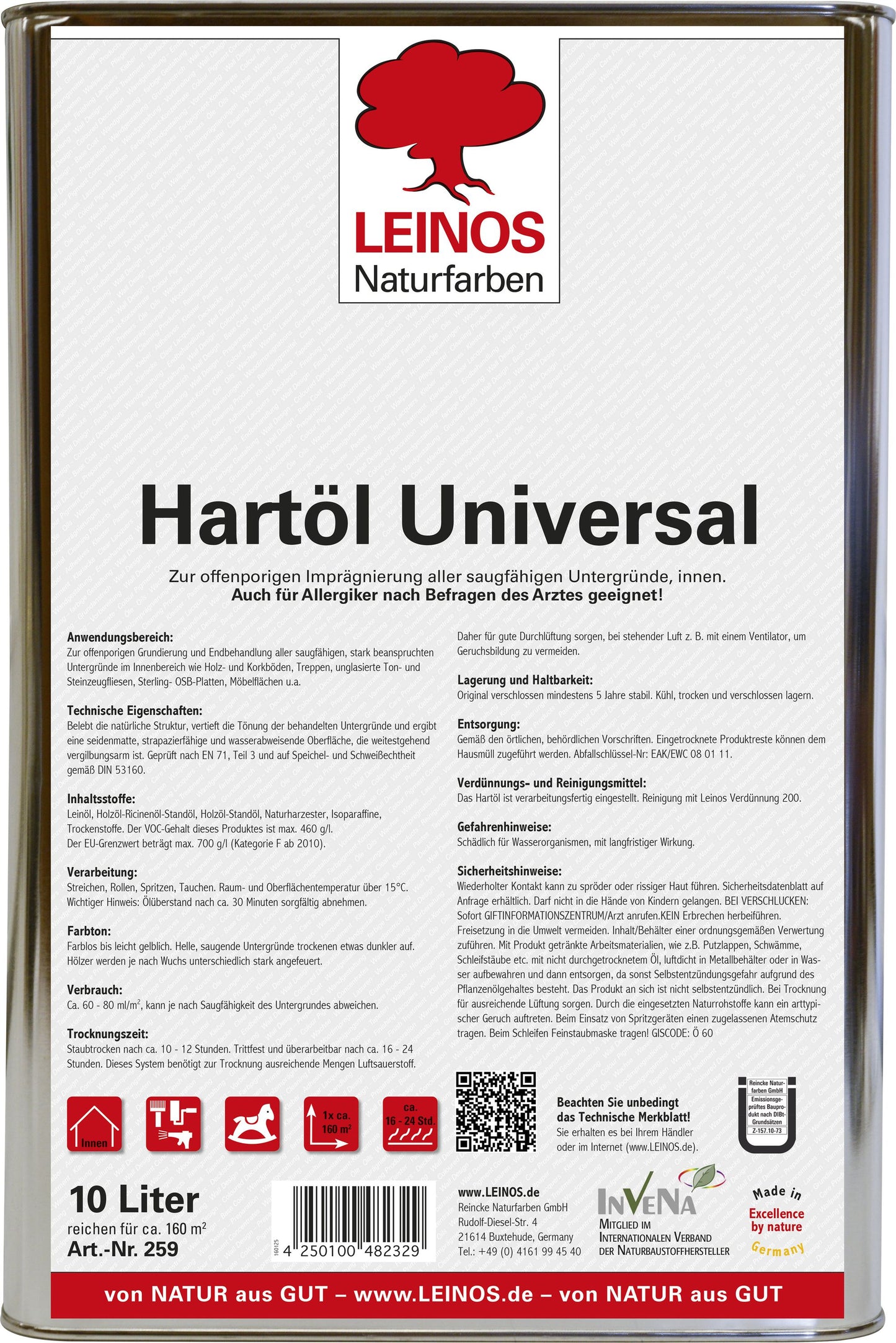 LEINOS 259 Hartöl Universal 10,0 l |Für alle Hölzer im Innenbereich, insbesondere Fußböden, aber auch für Kork | Leicht zu verarbeitende, universelle Grundierung und Endbeschichtung