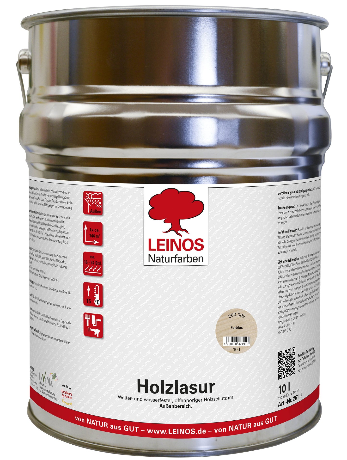 LEINOS 260 Holzlasur für Außen 002 Farblos 10,0 L – Wetterbeständiger Holzschutz auf Naturöl-Basis – Transparent, Lösemittelfrei & Atmungsaktiv – Für Fassaden, Zäune & Gartenmöbel