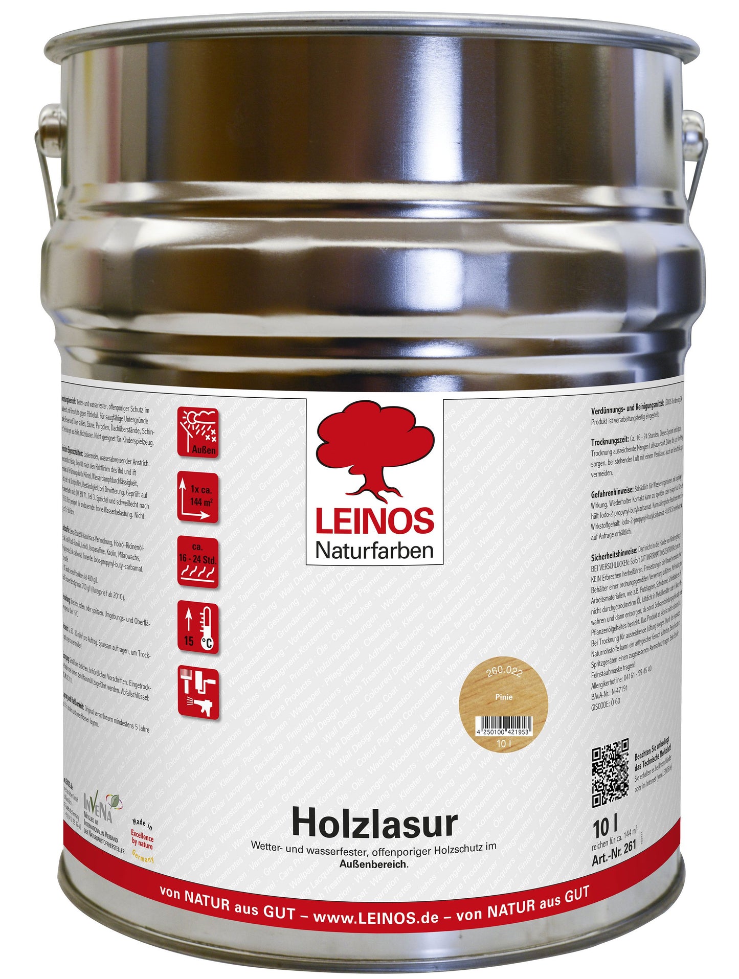 LEINOS Holzlasur für Außen 260, Pinie 10,0 L – Wetterschutz-Holzlasur für außen, offenporig, UV-beständig, wetterfest, atmungsaktiv, pflanzenölbasiert, lösemittelhaltig, natürliche Holzpflege