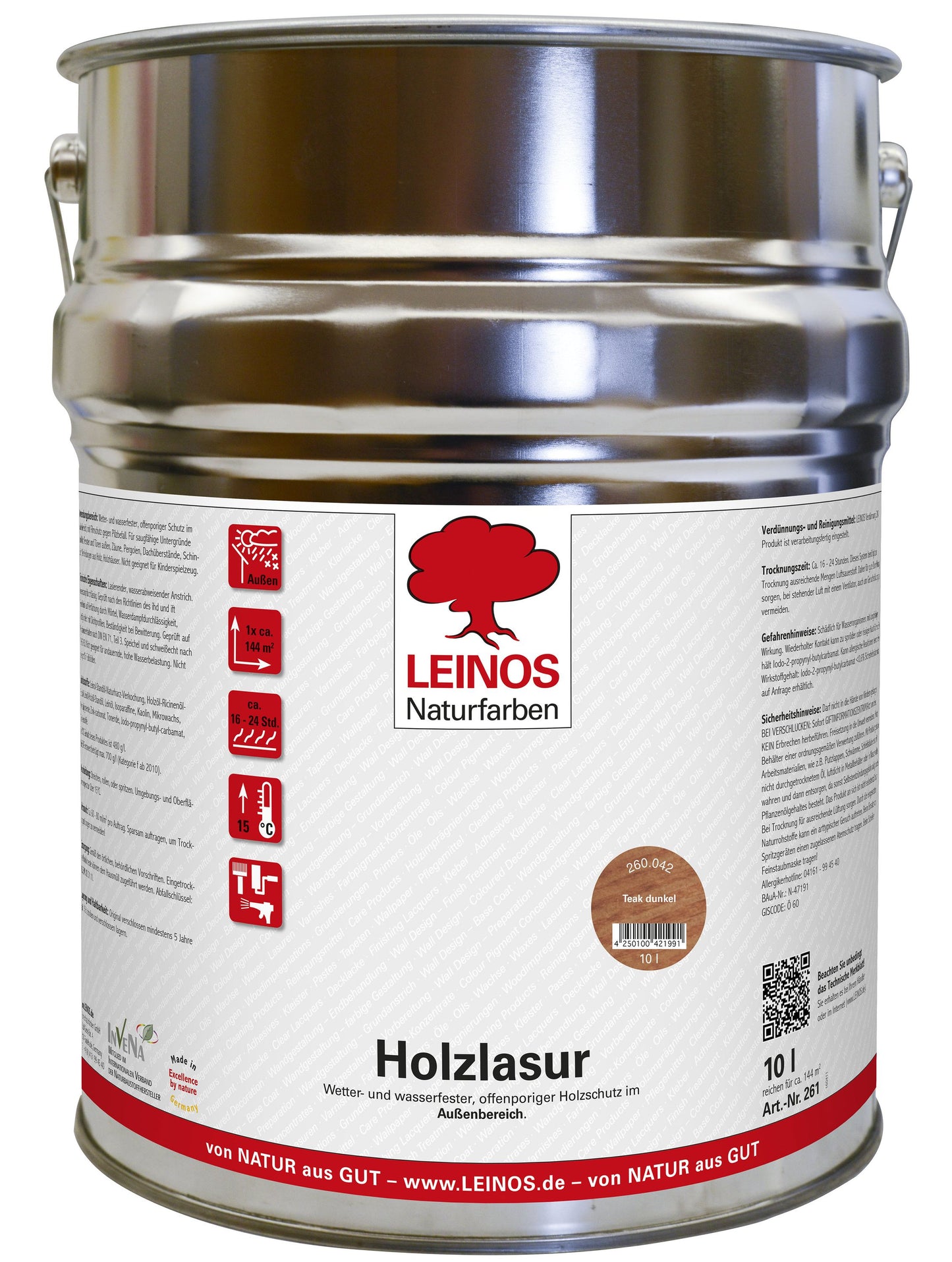 LEINOS 260 Holzlasur für Außen 042 Teak 10,0 L – Wetterfeste Holzlasur auf Naturöl-Basis – UV-beständig, Atmungsaktiv & Lösemittelfrei – Für Zäune, Fassaden, Gartenholz & Carports