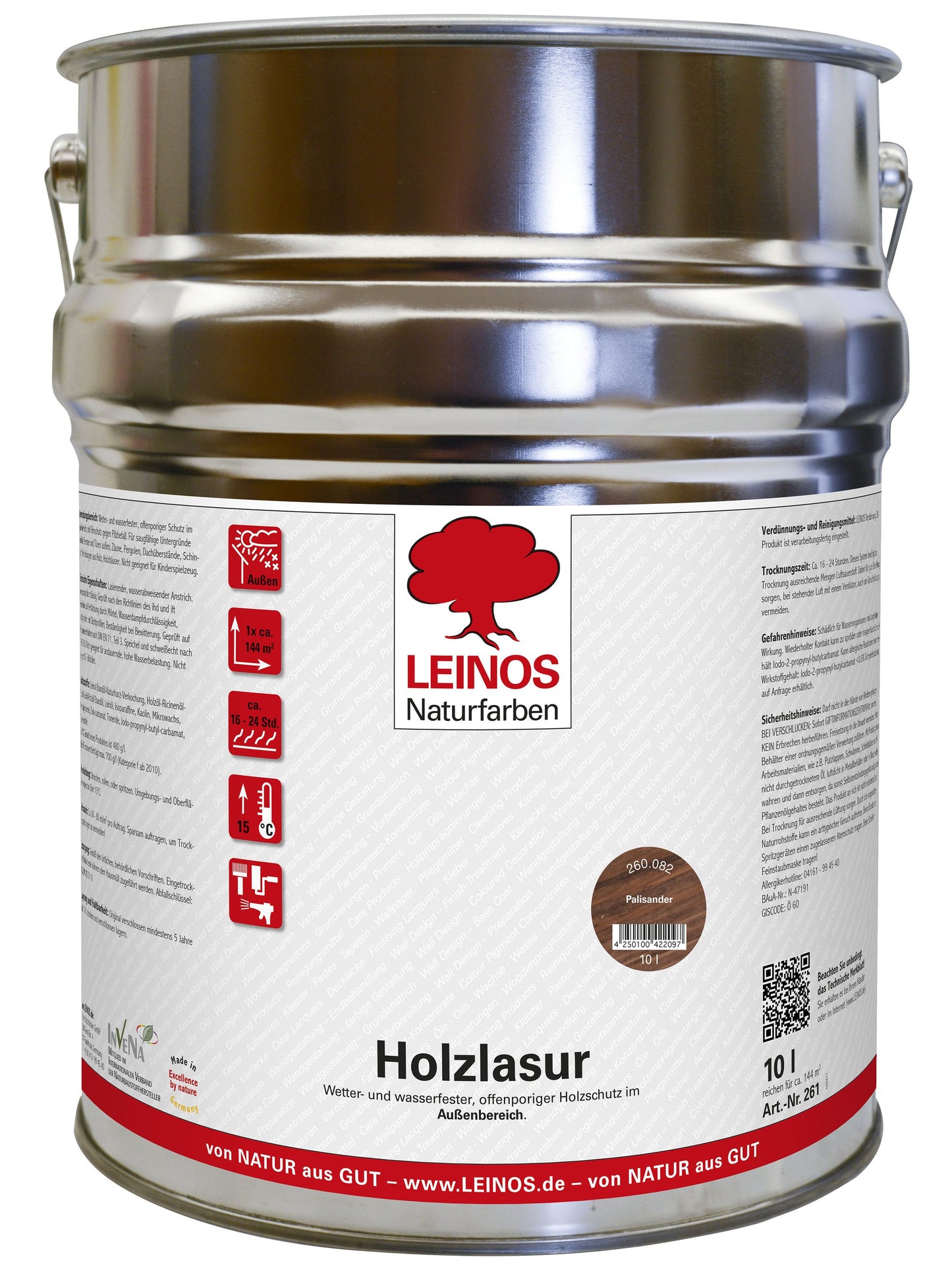 LEINOS 260 Holzlasur für Außen 082 Palisander 10,0 L – Wetterbeständiger Holzschutz auf Naturöl-Basis – Transparent, Lösemittelfrei & Atmungsaktiv – Für Fassaden, Zäune & Gartenmöbel