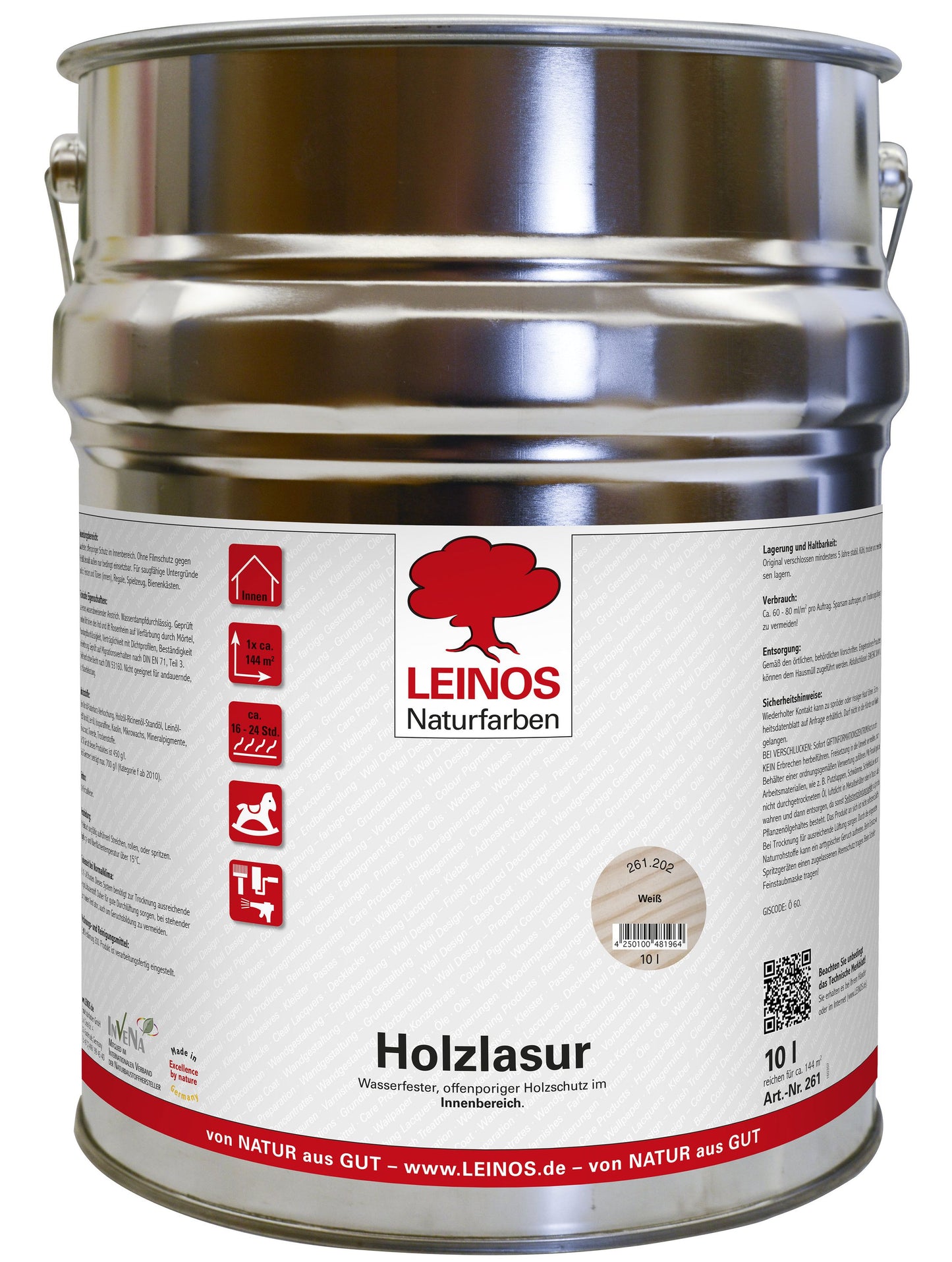 LEINOS 261 Holzlasur für Innen 202 Weiß 10 l – dekorative, offenporige Holzbeschichtung | wasserabweisend & dampfdurchlässig | für Möbel, Spielzeug, Türen, Regale | speichel- & schweißecht