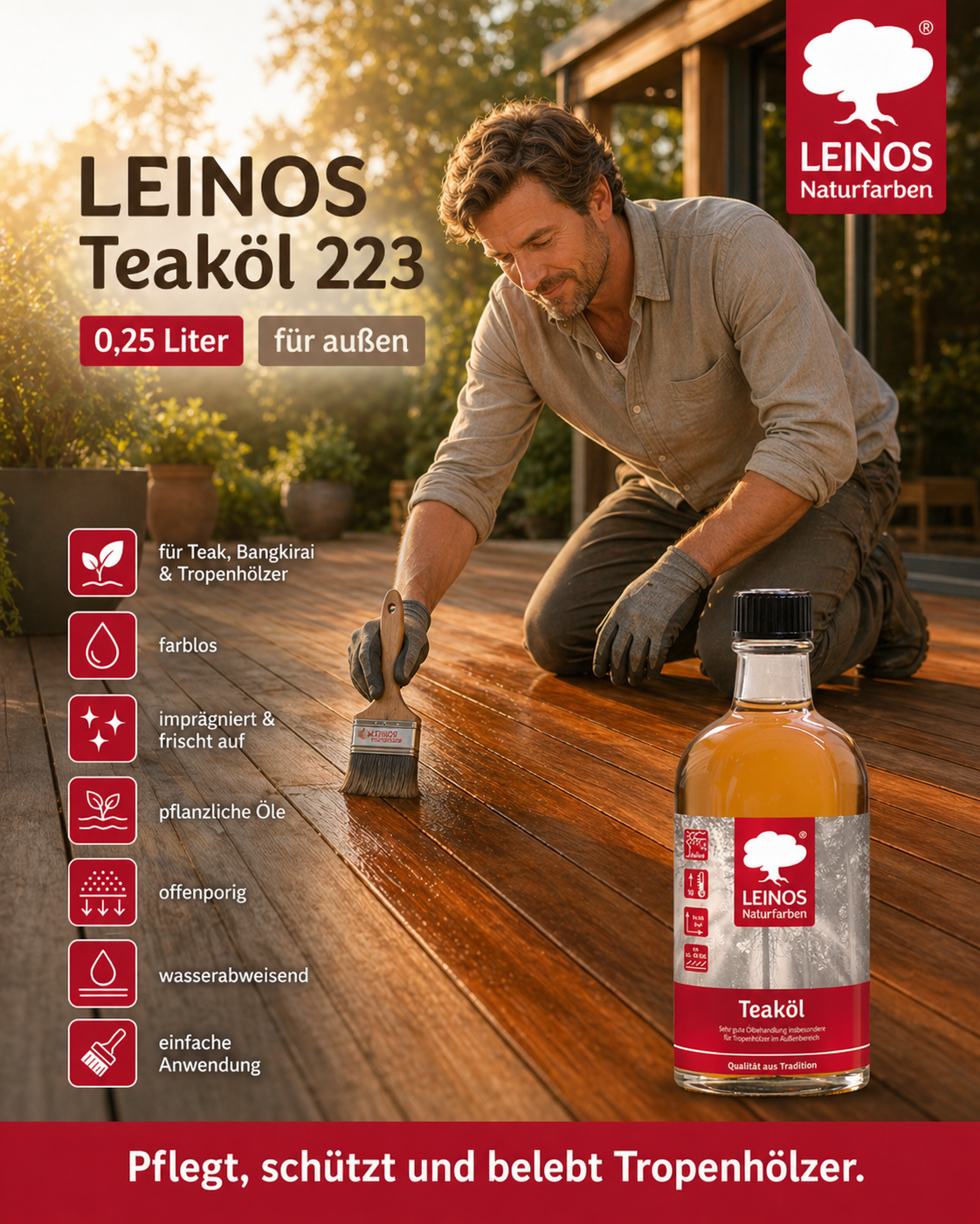 LEINOS Teaköl 223 – 0,25 Liter Holzschutzöl für außen, farblos, für Teak, Bangkirai & Tropenhölzer, imprägniert & frischt auf, pflanzliche Öle, offenporig, wasserabweisend, einfache Anwendung