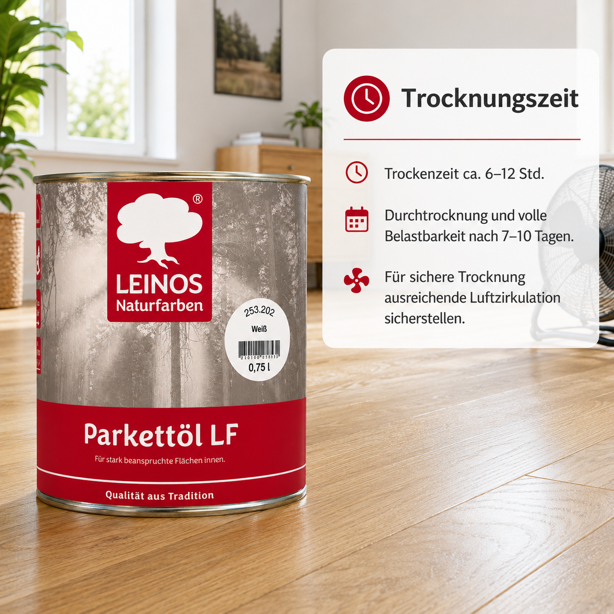 LEINOS Parkettöl LF 253 weiß 0,75 L – Natürlich pigmentiertes Holzöl für Parkett & Dielen, lösemittelfrei, offenporig, UV-stabil & strapazierfähig – ideal für helle Holzfußböden im Innenbereich