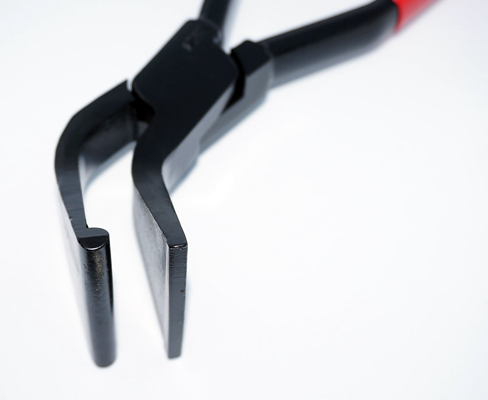 Falzzange R8, 45° gebogen, 280 mm – mit aufgeschweißtem Radius 8 mm, KTL-beschichtet, rot kunststoffbeschichtet, für Zink, Alu & Kupferblech – Spenglerwerkzeug 282159