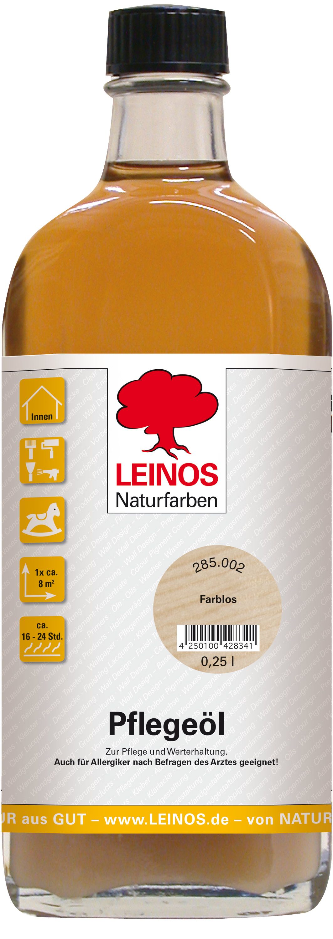 LEINOS Pflegeöl 285 | 0,25 L farblos (002) | Für alle geölten & gewachsten Holz-, Kork- & Linoleumflächen | Schutz gegen Laufstraßen | Seidenmatt & wasserabweisend | Innenbereich