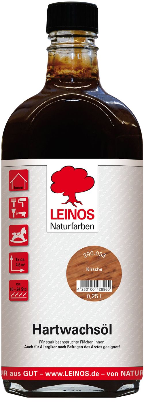 LEINOS Hartwachsöl 290 Kirsche – 0,25 l – Natürliches Holzöl mit Wachs, offenporiger Holzschutz für Möbel, Böden & Innenflächen – seidenmatt, atmungsaktiv, pflegeleicht & strapazierfähig