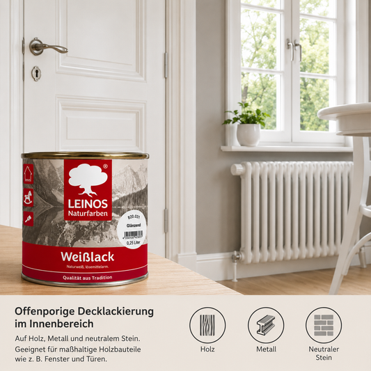 LEINOS 820 Weißlack Seidenglänzend | 0,25 L Innen & Außen | Wohngesunder Naturharz-Öl Lack, wasserfest & langlebig | ca. 2 m² Reichweite | Für kleine Flächen, Möbelstücke & Ausbesserungen