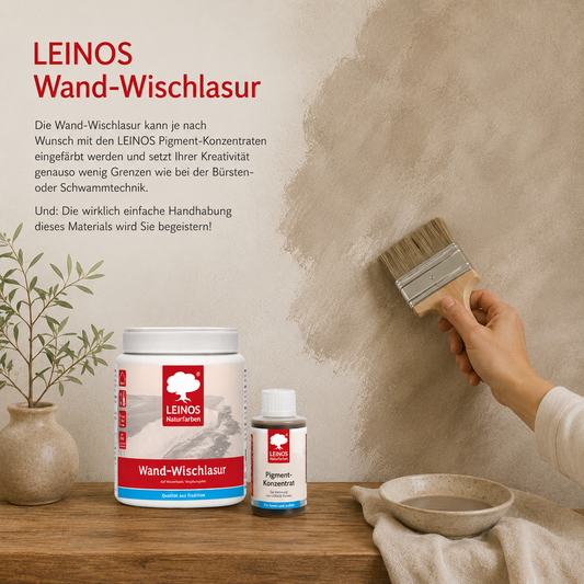 LEINOS Wand-Wischlasur 0,75 Liter für glatte Wände, kreative Lasurtechniken und sanfte Farbverläufe, verarbeitungsfertig, individuell abtönbar, atmungsaktiv, leicht aufzutragen innen für Wohnräume pur