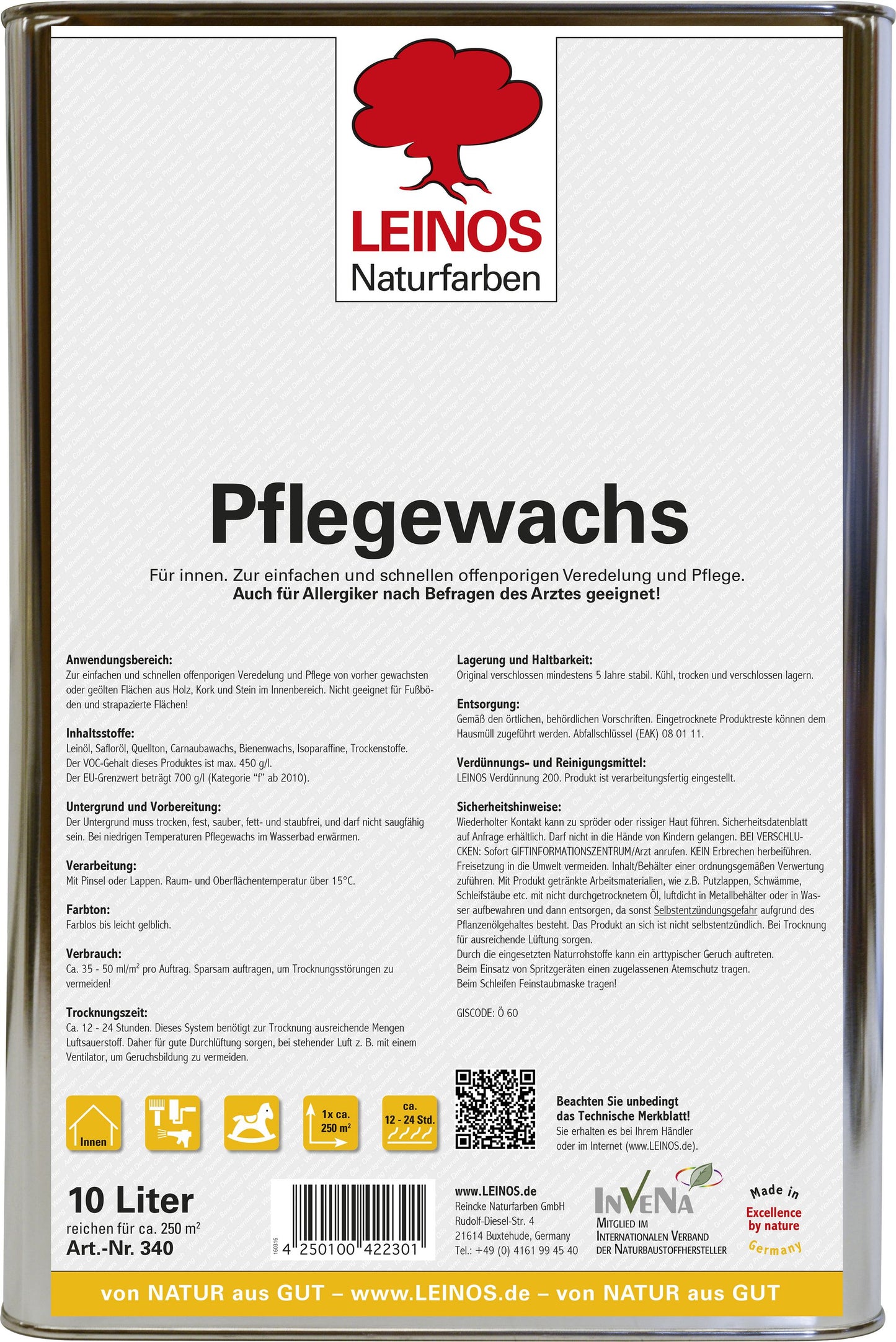 Leinos-Pflegewachs 340 | 10,0 Liter | Leicht verarbeitbares Wachsfinish | Für gewachste Flächen & wenig beanspruchte geölte Oberflächen | Auffrischung & Veredelung für Möbel, Holz & Naturmaterialien