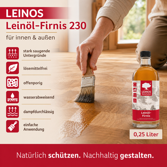 LEINOS Leinöl-Firnis 230 – 0,25 L für innen und außen – offenporige Grundierung für stark saugende Untergründe wie Hirnholzparkett, Kork, Terracotta – lösemittelfrei – ohne Filmschutz außen