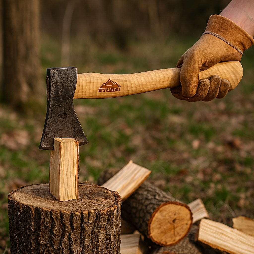 STUBAI Campingbeil „Habicht“ 1.100 g – Handgeschmiedet aus Kohlenstoffstahl, 340 mm, geölter Hickorystiel, Lederscheide – Outdoor, Bushcraft, Survival