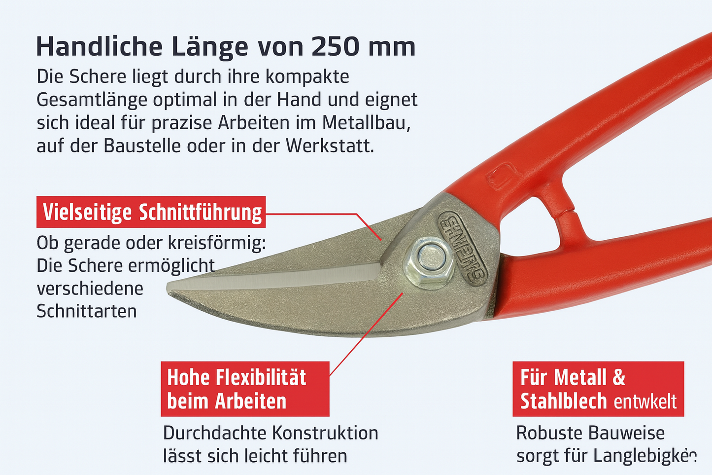 Metallschere 250 mm | Für gerade & kreisförmige Schnitte | Figurenschere & Lochschere für Stahlblech | Vielseitige Blechschere für präzises Arbeiten im Metallbau, Handwerk & Industrie