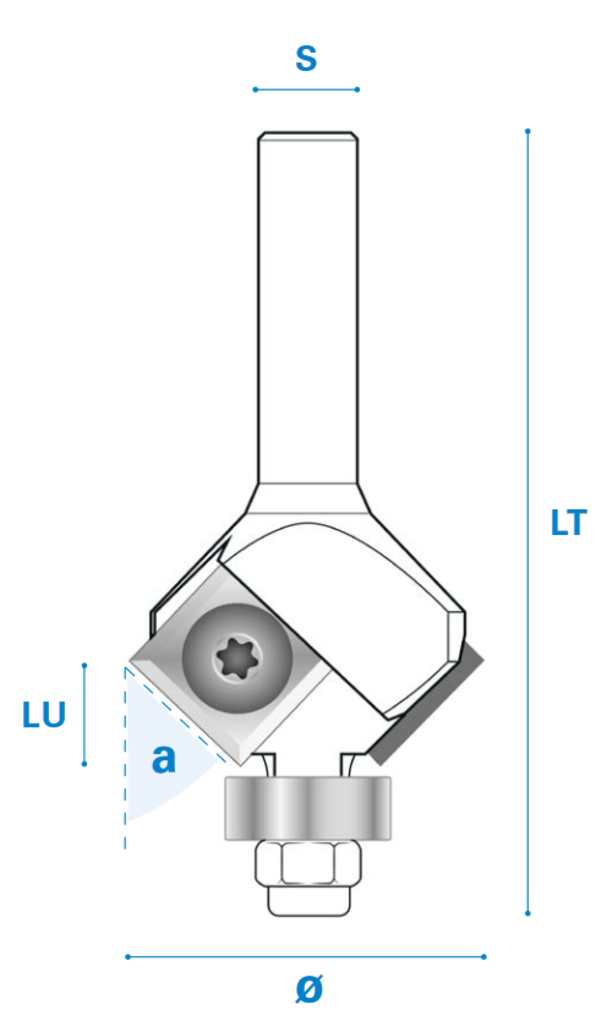 Fasefräser mit Kugellager und Wendemesser aus Hartmetall, Rechtslauf, Schneide 2, Winkel 10°, 22°, 30°, 45°