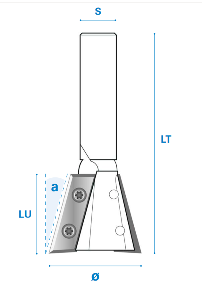 Zinkenfräser mit Wendemesser aus Hartmetall, Rechtslauf, Schneide 2 5°, Arbeitslänge 27,5 mm, Gesamtlänge 70 mm, Schaft 12 mm, Ø 22 mm