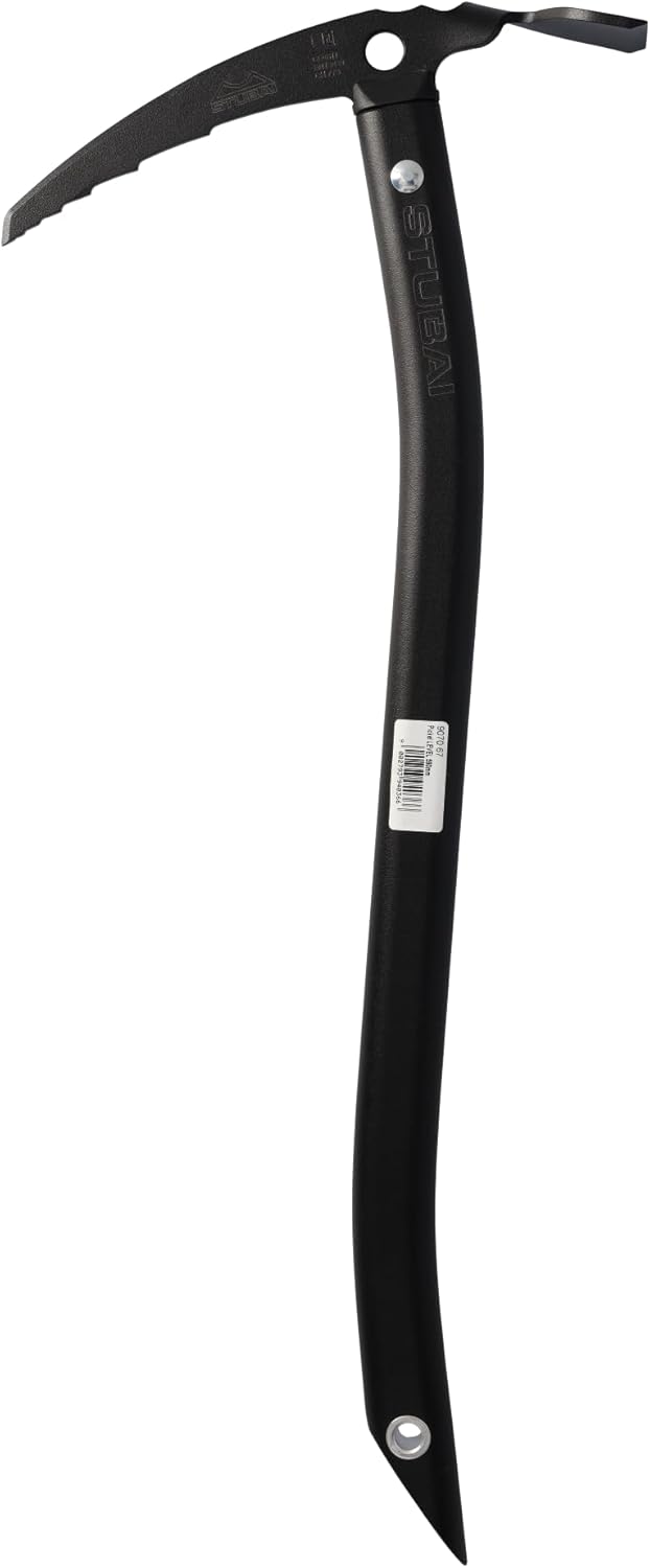 STUBAI Eispickel LEVEL 59 cm | ergonomisch gebogener Leicht-Eispickel 475 g | Aluminiumstiel & Stahlkopf sandgestrahlt, lasergraviert | mattschwarz | für Bergsteigen, Hochtour Eis & Stufenschlagen Pro