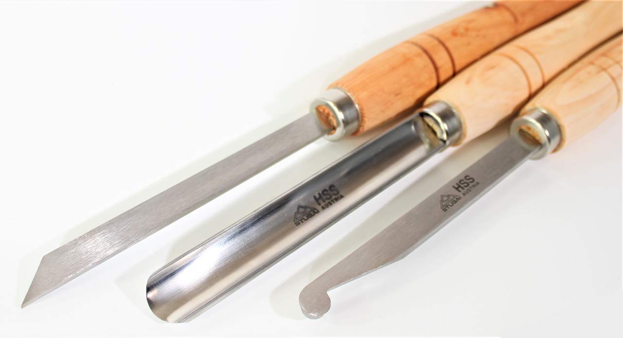STUBAI S7000 Drechselset „Startup Set“ | 3-teiliges Drechselwerkzeug in Rolltasche | empfohlen von Drechselmeistern | HSS Formröhre 22 mm, Ausdrehstahl rund 15 mm, Abstecher 15×3 mm | Profi-Qualität