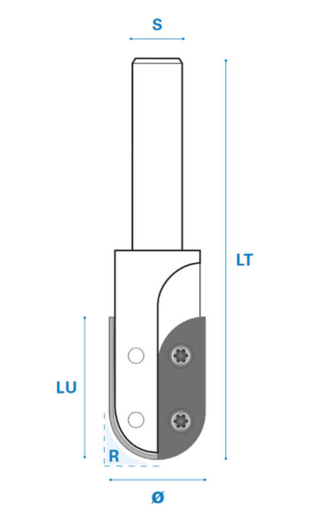 Hohlkehlfräser R10° mit Wendemesser aus Hartmetall - Rechtslauf, Schneide 2, Arbeitslänge 29 mm, Gesamtlänge 80 mm, Schaft 12 mm, Ø 20 mm