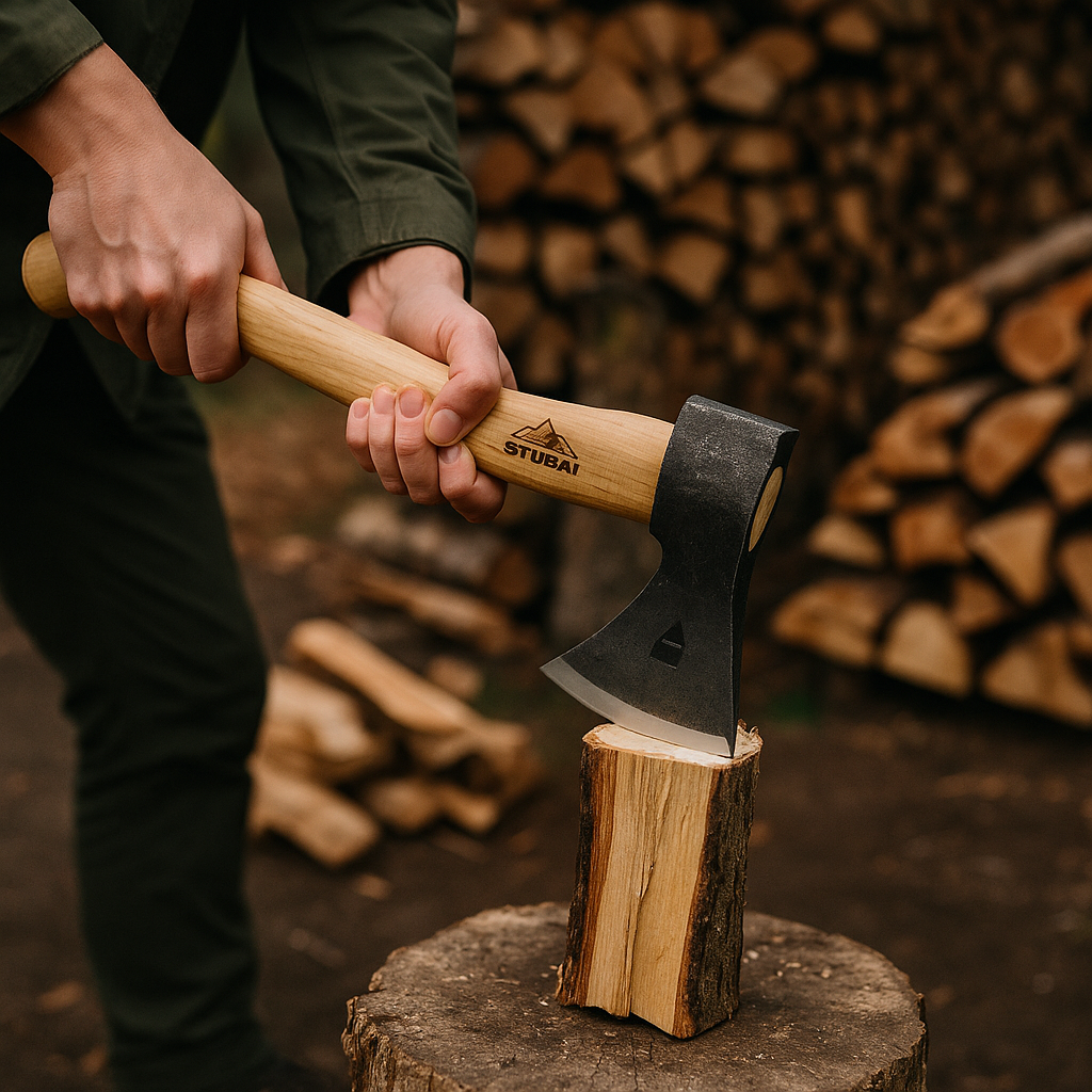 STUBAI Campingbeil „Habicht“ 1.100 g – Handgeschmiedet aus Kohlenstoffstahl, 340 mm, geölter Hickorystiel, Lederscheide – Outdoor, Bushcraft, Survival